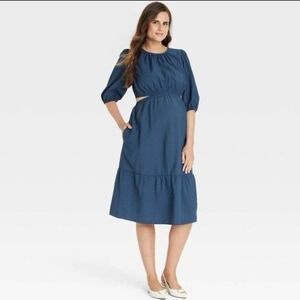 Ingrid Isabel Maternity NWT XS Cutout Waist Midi Dress Blue Short Sleeve Mother